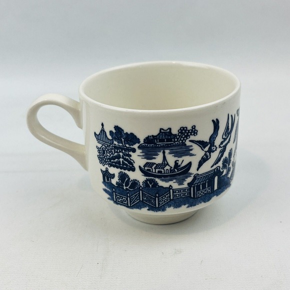 Churchill Blue Willow Large Flat Cup Saucer Set England Georgian Shape - Picture 6 of 11